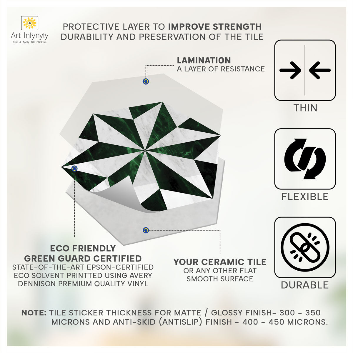 Hexagon Emerald Forest Marble Tile Stickers | Peel and Stick Kitchen, Bathroom, Backsplash, Floor Tile Vinyl Decals | Free Shipping