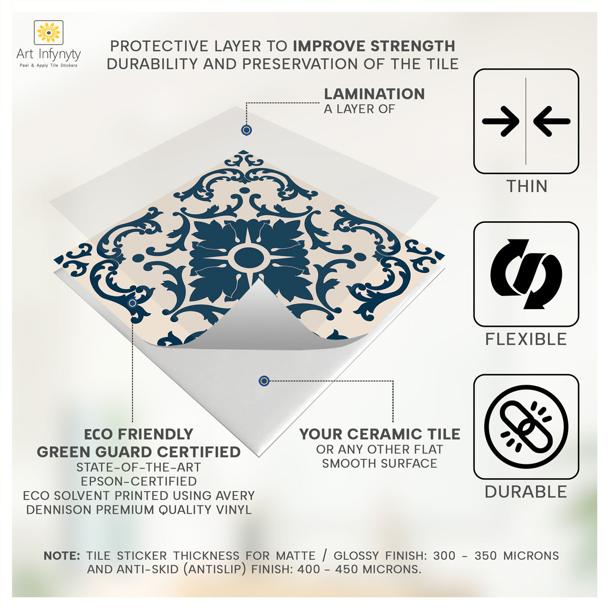 Azulejo Dark Blue & Ivory Tile Stickers | Peela and Stick Tile Vinyl for Kitchens Bathroom Wall | Antiskid Floor Tile Stickers