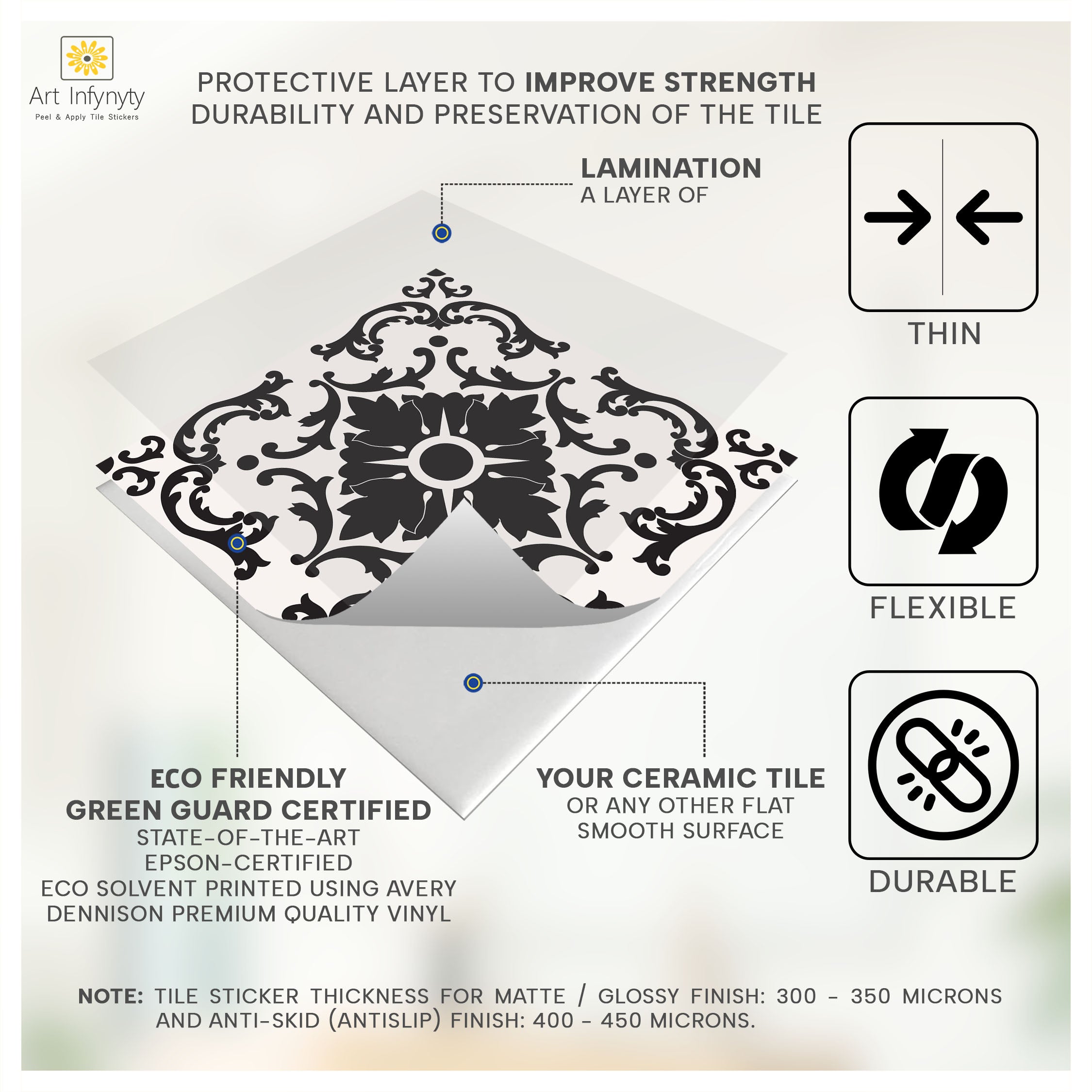 Azulejo Black and Cream Tile Stickers | Elegant Floral Pattern for Kitchens & Bathrooms | Antiskid Floor Tile Stickers | Removable