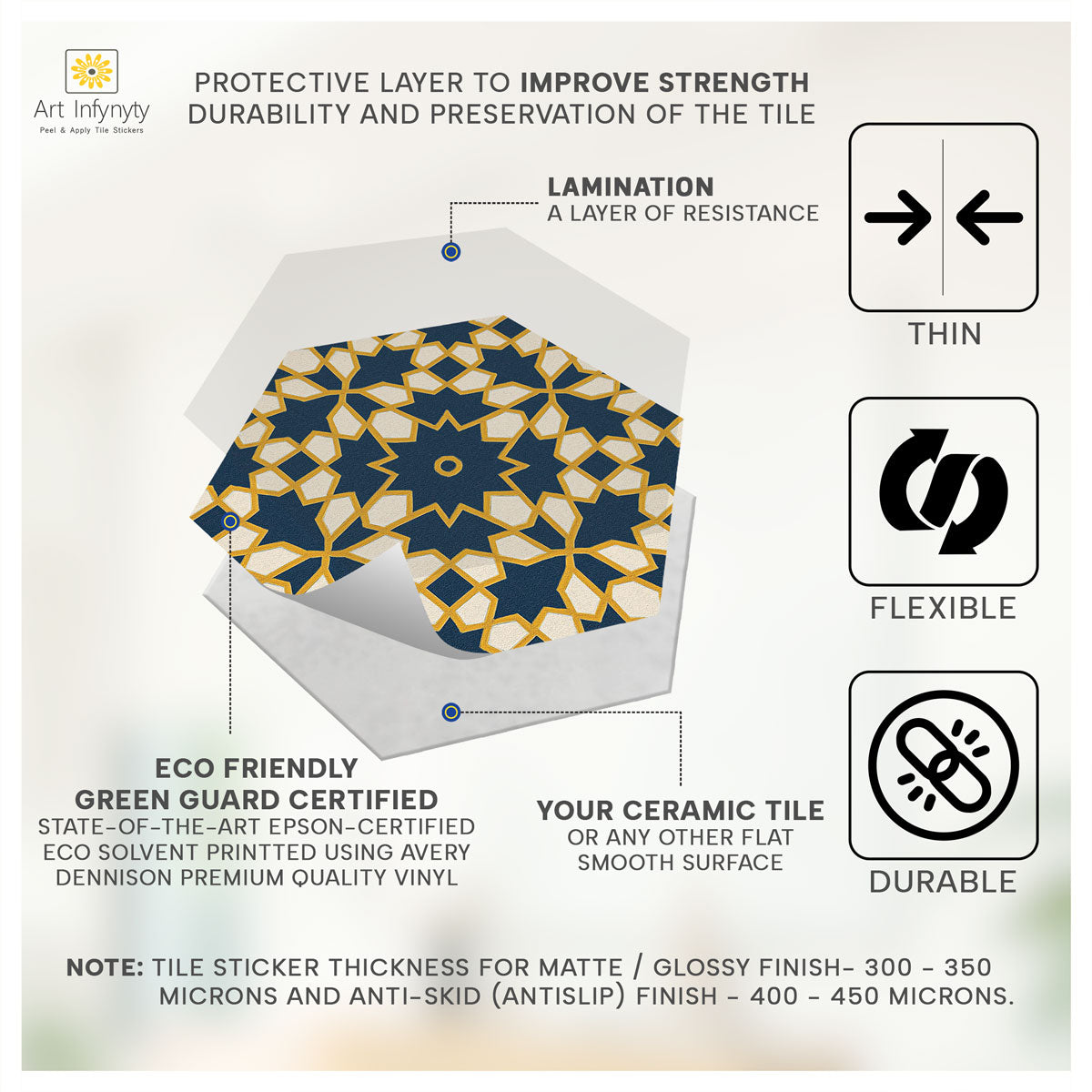 Hexa Fusion Geo Tile Stickers | Hexagon Peel and stick Tile Vinyl Decals for Kitchen, Bathroom, Wall | Antiskid Floor Tile Stickers