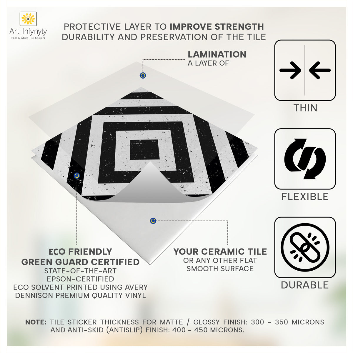 Black and Off White Tile Stickers | Water Proof | Peel and Stick Kitchen Bathroom Floor Wall Tile Decal | Free Shipping