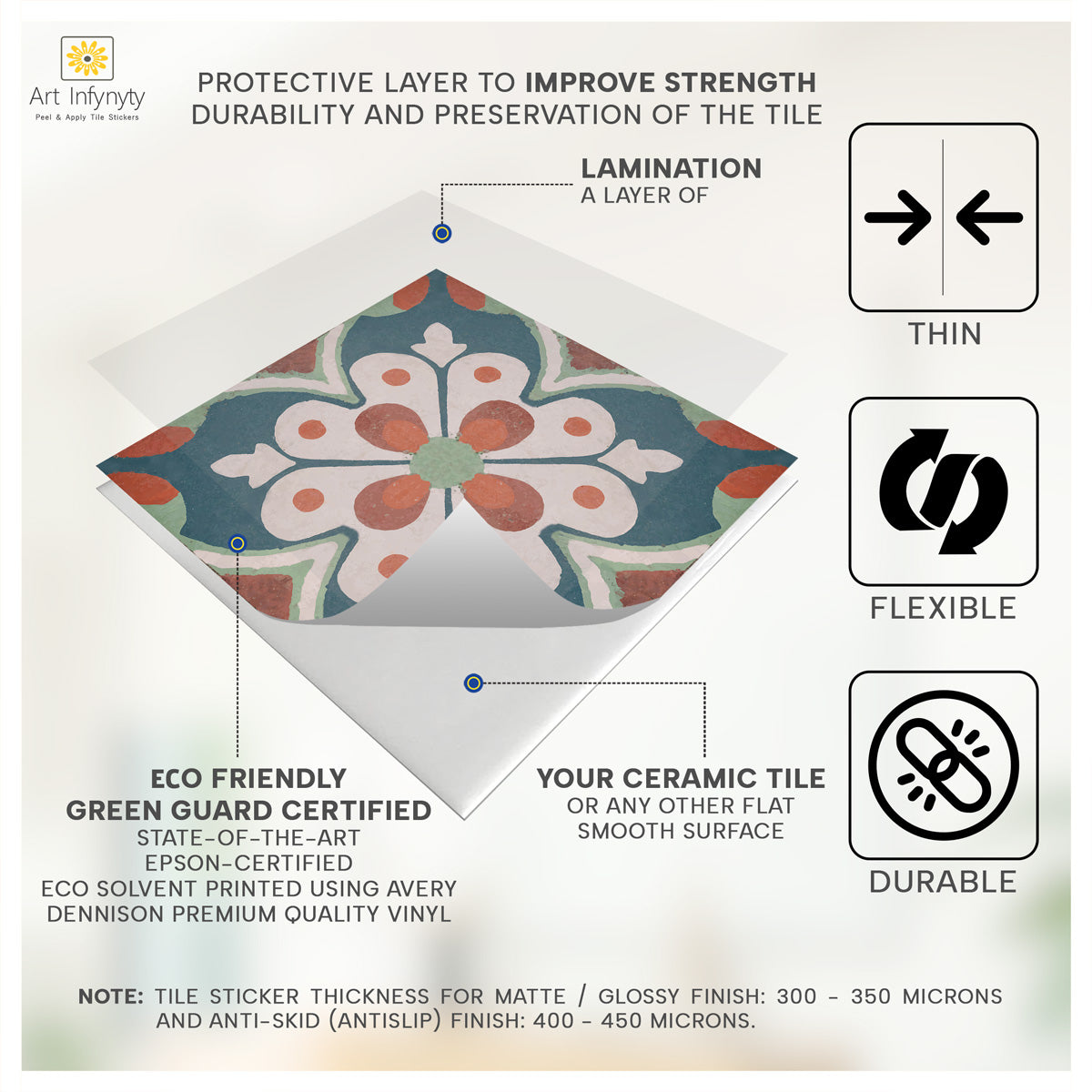 Old Hand Crafted Peel and Stick Floor Tile Stickers | Backsplash Kitchen, Bathroom, and Wall Tile Vinyl Decals | Removable