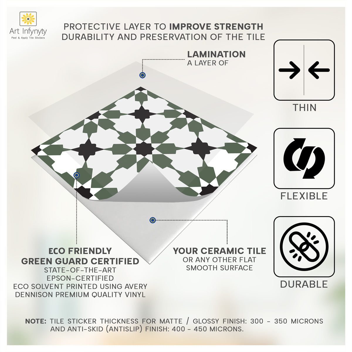 Peel and Stick Moroccan Forest Green Tile Stickers | Kitchen Bathroom Decal, Wall Stair Decal | Removable | Free Shipping