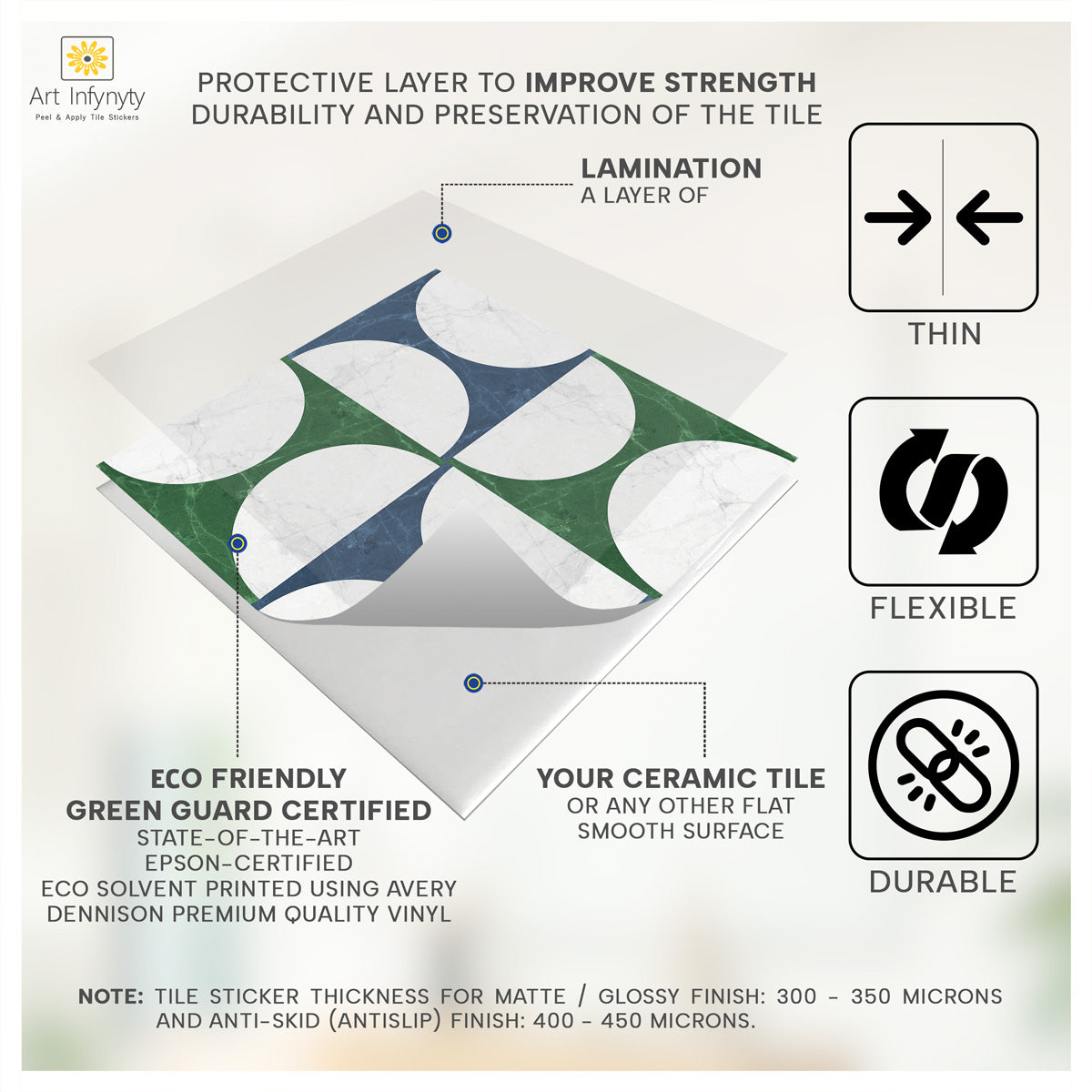 Marble Semicircle Duo Tile Stickers | Peel and Stick Kitchen, Bathroom, Wall Backsplash Tile Vinyl | Antiskid Floor Tile Stickers