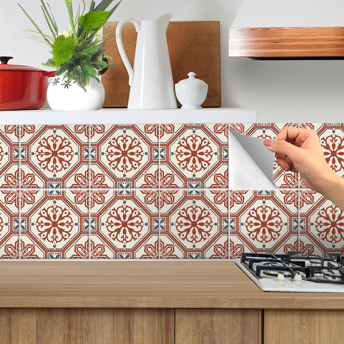 Terracotta Victorian Bloom Peel and Stick Tile Stickers | Kitchen, Bathroom Wall Tile Vinyl Decals | Antiskid Floor Tile Stickers