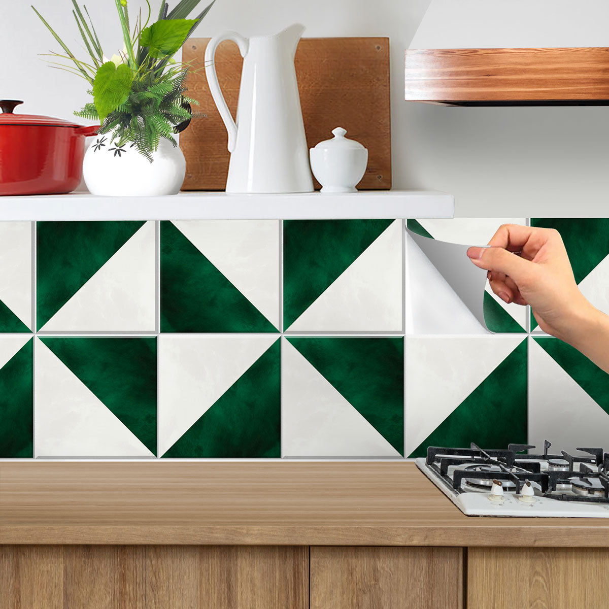Peel and Stick Emerald Green & Ivory Tile Stickers | Kitchen, Bathroom, Wall Tile Vinyl Decals | Antiskid Floor Tile Stickers