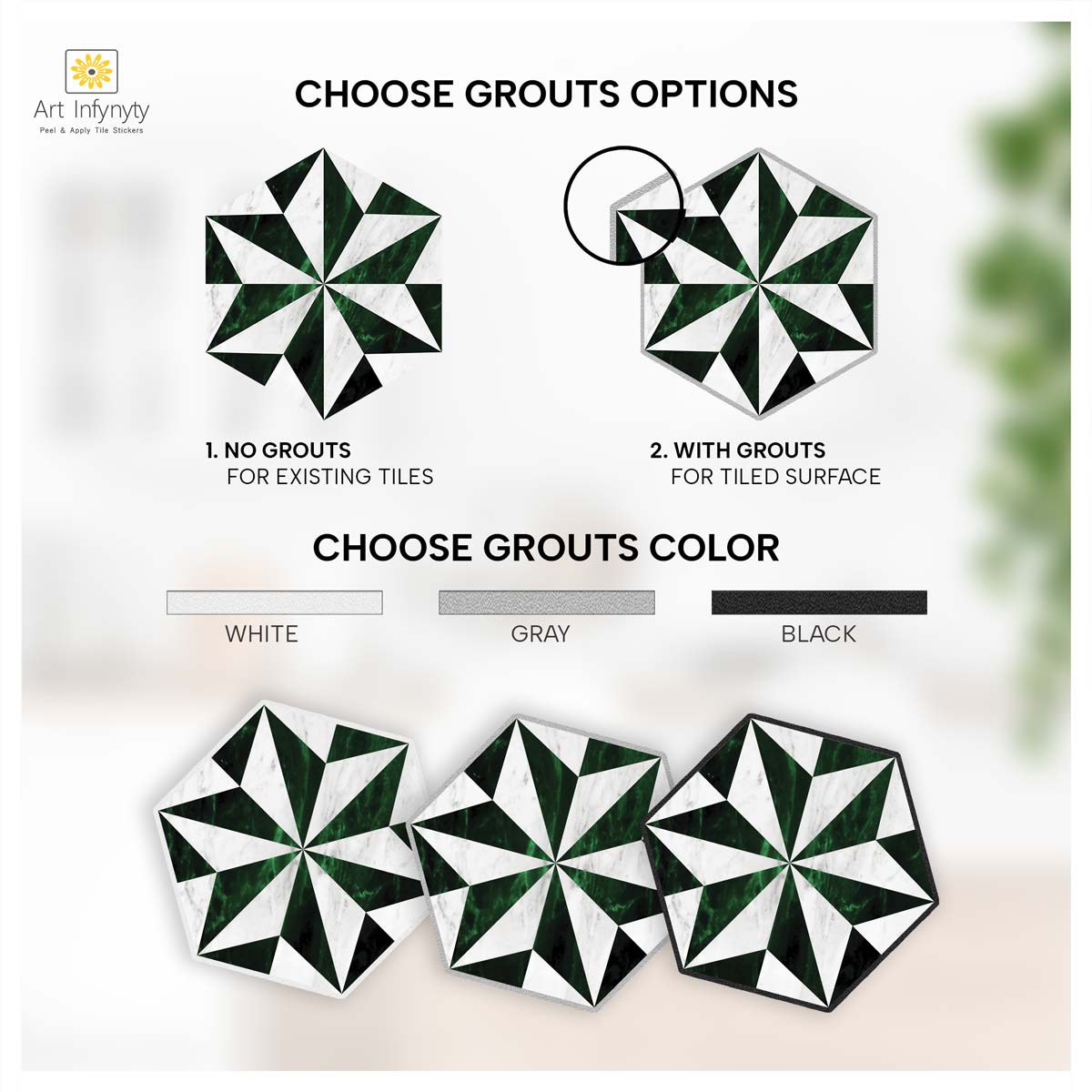 Hexagon Emerald Forest Marble Tile Stickers | Peel and Stick Kitchen, Bathroom, Backsplash, Floor Tile Vinyl Decals | Free Shipping