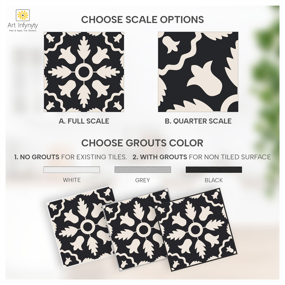 Ivory Midnight Flora Tile Stickers | Peel and Stick Kitchen, Bathroom & Wall Backsplash Tile Vinyl Decals | Removable and Waterproof